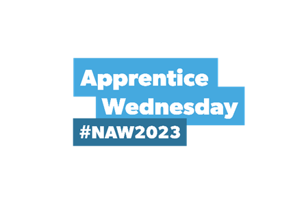 Two light blue banners and one dark blue banner are stacked on top of each other. Inside each banner, there is white text in the centre. The first banner states: "Apprentice”, the second “Wednesday” and the third “#NAW2023".