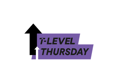 A black arrow is pointing upwards, and next to the arrow is a solid purple block with black text reading “T-LEVEL THURSDAY”.