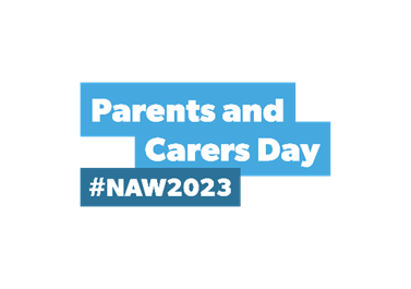 Two light blue banners and one dark blue banner are stacked on top of each other. Inside each banner, there is white text in the centre. The first banner states: "Parents and”, the second “Carers Day” and the third “#NAW2023".