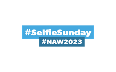 One light blue banner and one dark blue banner are stacked on top of each other. Inside each banner, there is white text in the centre. The first banner states: "#SelfieSunday” and the second “#NAW2023".